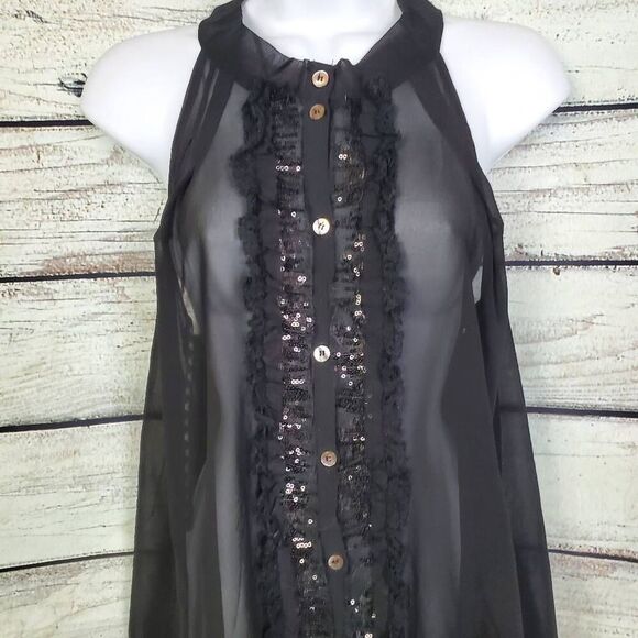 BKE Boutique Black Sheer Lace Trim High-Low Sleeveless Blouse – Size L - Picture 2 of 8